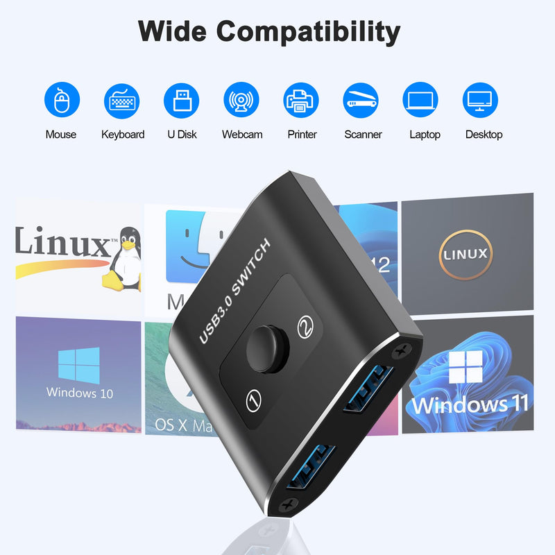 USB 3.0 Switch Selector - Bi-Directional 1 in 2 Out/ 2 in 1 Out, Share USB Devices Between 2 Computers for Printer, Keyboard, Scanner, Mouse - Compatible with Mac/Win/Linux USB Switch