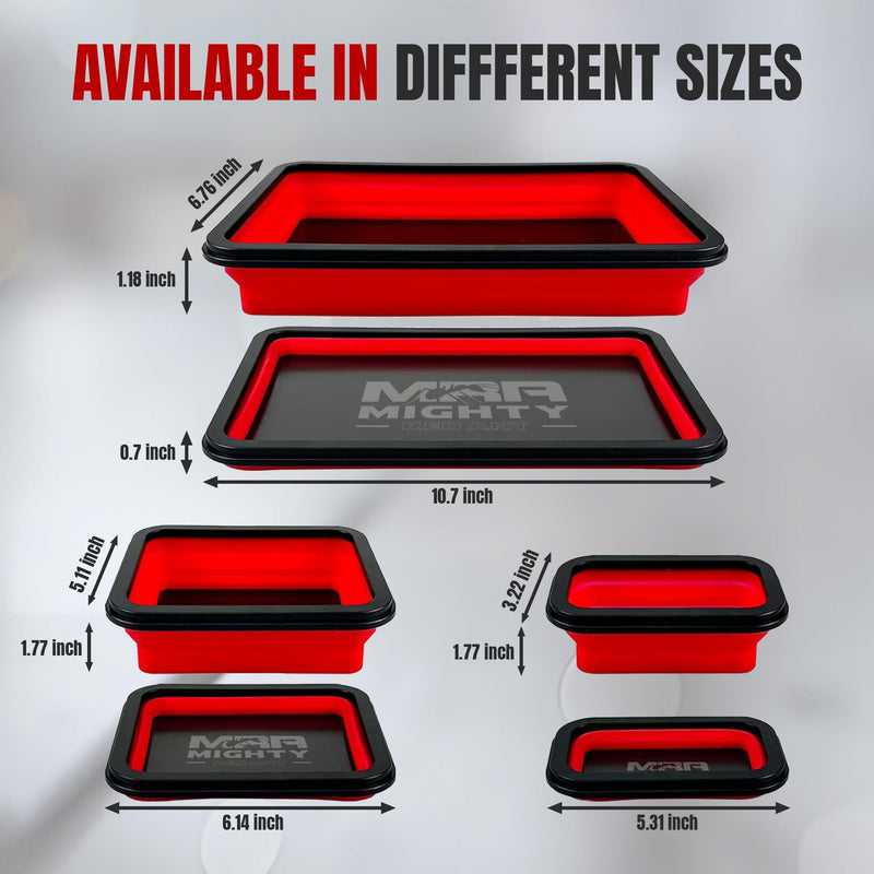 Magnetic Parts Tray Set 3-Pack - Collapsible Silicone Magnetic Tray with Strong Base - Multi-Size (Red) Red