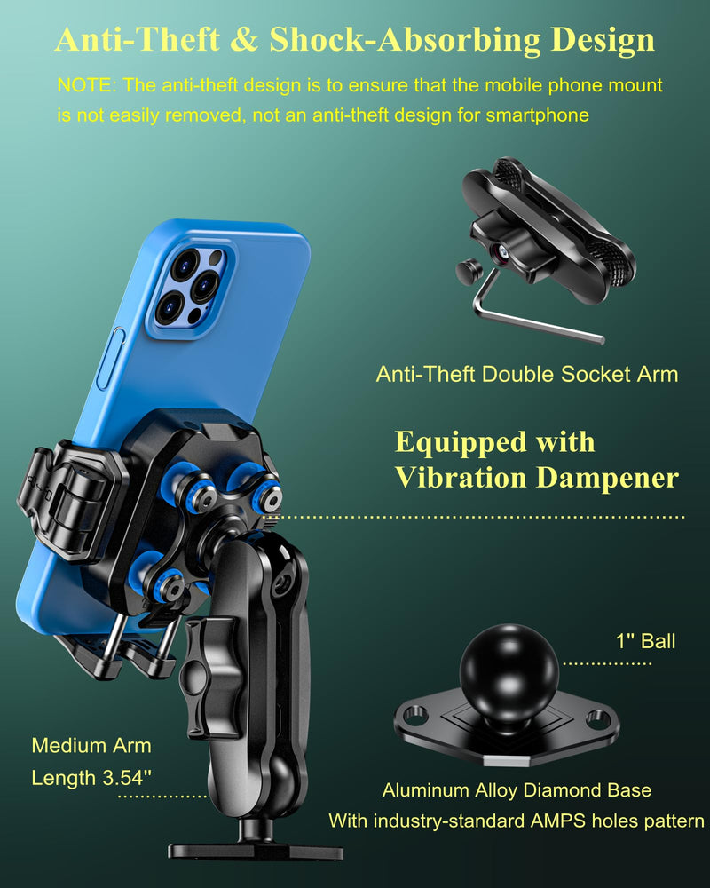 BRCOVAN Anti-Theft Phone Mount Holder with Vibration Dampener, 1s Locking | Don't Block Camera, with Aluminum Diamond Base & Medium Arm, for Car Boat Truck Motorcycle UTV, Fit 5.4-7.2'' Smartphones