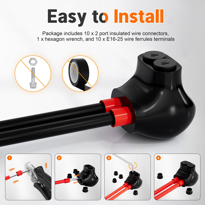 Joinfworld 2 Port Insulated Multi Tap Connector 4-14AWG Aluminum to Copper Wire Connectors Single Side Entry Aluminum Black Insulated Wire Connectors with Slotted Allen Hex - 10 Pack 4-14 AWG(10pcs)
