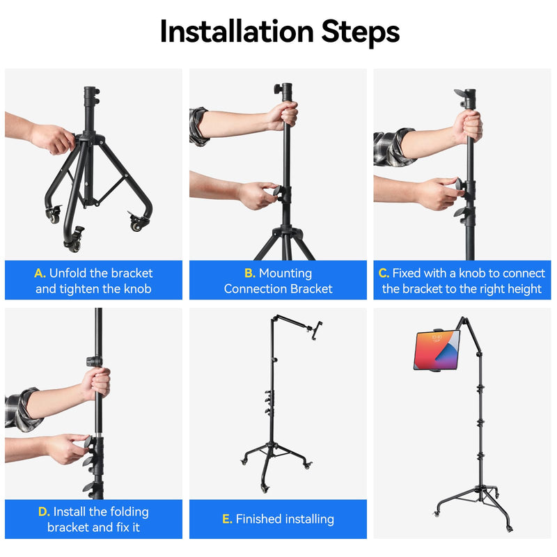Takerers for Rolling iPad Stand Floor with Casters, Tablet Floor Stand Tripod for Ring Light/iPad/Phones/Mic/DSLR Camera, 1/4'' 3/8'' 5/8'' Screw, Ball Head, 3-Section Detachable Articulating Arm