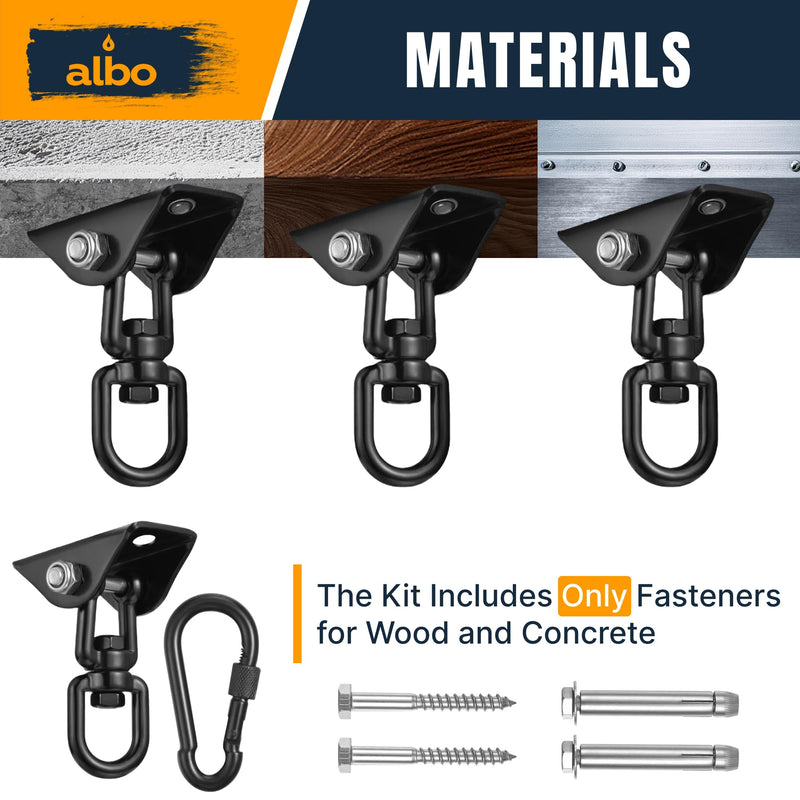 Albo Heavy Duty Swing Hangers 2 Pack, 2650 LBS, 360° Swivel Ceiling Mount Bracket with Carabiners – Hammock Chair, Porch Swing, TRX, Punching Bag, Hardware for Wood & Concrete Black 2 PCS