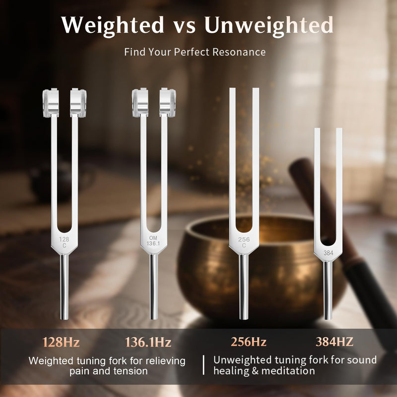 Tuning Forks for Healing Set – 128Hz, 136Hz, 256Hz, 384Hz. Body Tuning Forks Chakra Set, for Medical Sound Healing Therapy, Meditation, DNA Repair, Reiki Energy, Guitar Tune Fork Health 4 set