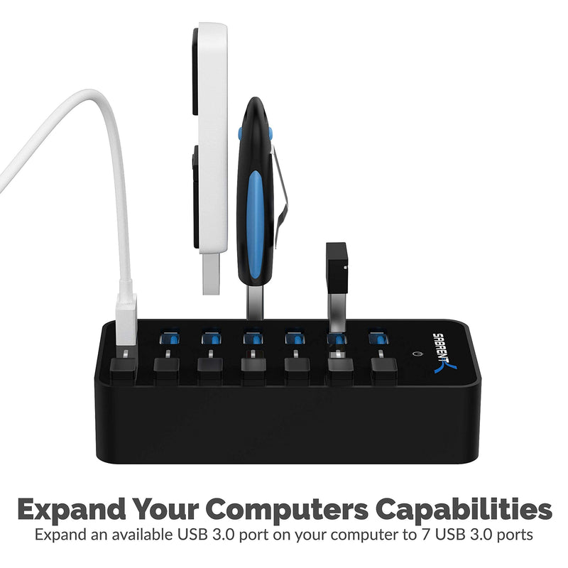 7 Port USB 3.0 Hub with Individual Power Switches and LEDs Includes 36W 12V/3A Power Adapter+USB 3.0 Extension Cable A Male to A Female [Black] 6 Feet