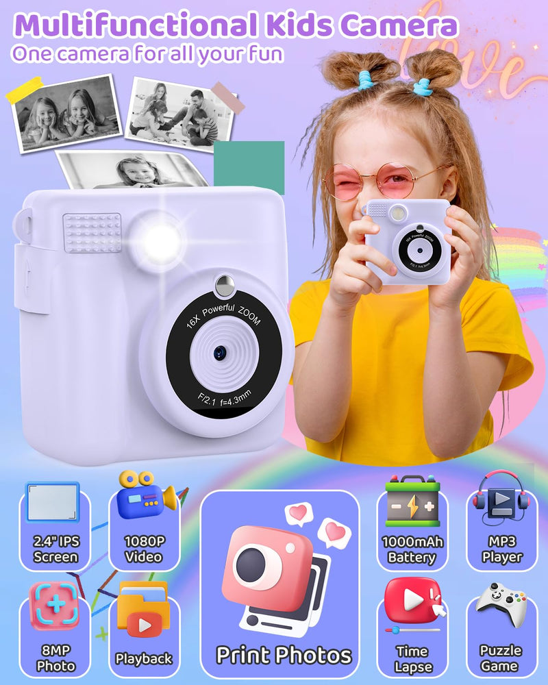 Instant Print Camera for Kids with 3 Rolls of Printer Paper, 1080P Toddler Digital Camera Toys for Age 3-12 with 32GB SD Card, Christmas & Birthday Gifts for 3 4 5 6 7 8 Year Old Girls & Boys (Purple) Purple