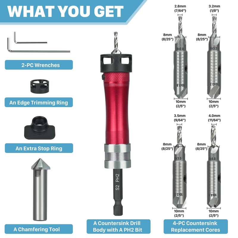 KEENTECH 10-in-1 Countersink Drill Bit Set with A Screwdriver Bit, 2.8/3.2/3.5/4.0 mm Drill Dia x 8/10 mm Countersink Dia, M2 HSS Countersink Bits for #4-#10 Screws, Chamfer Tool Includ Countersink Bits with Ph Bit