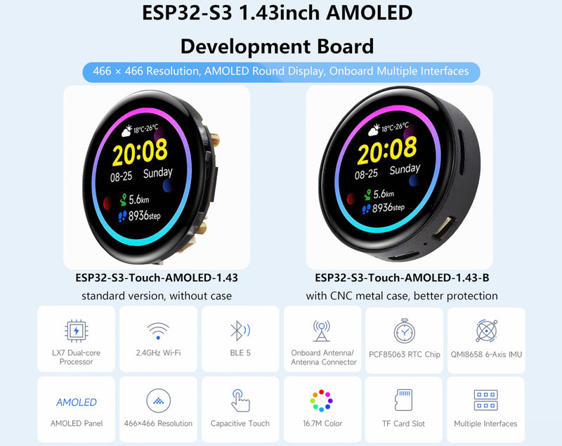 ESP32-S3 1.43inch AMOLED Display Development Board, 466x466 Resolution 16.7M Color QSPI Interface, ESP32 with Capacitive Touch AMOLED Round LCD, Support 2.4 GHz Wi-Fi and BLE 5, with CNC Metal Case