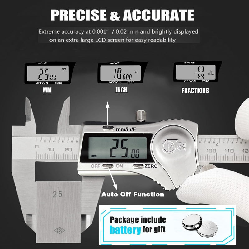 Digital Caliper Micrometer Measuring Tool - 6 Inch /150mm Stainless Steel Electronic Vernier Calipers, IP54 Waterproof Protection Accuracy Gauge Switch from Inch Metric Fraction with LCD Screen