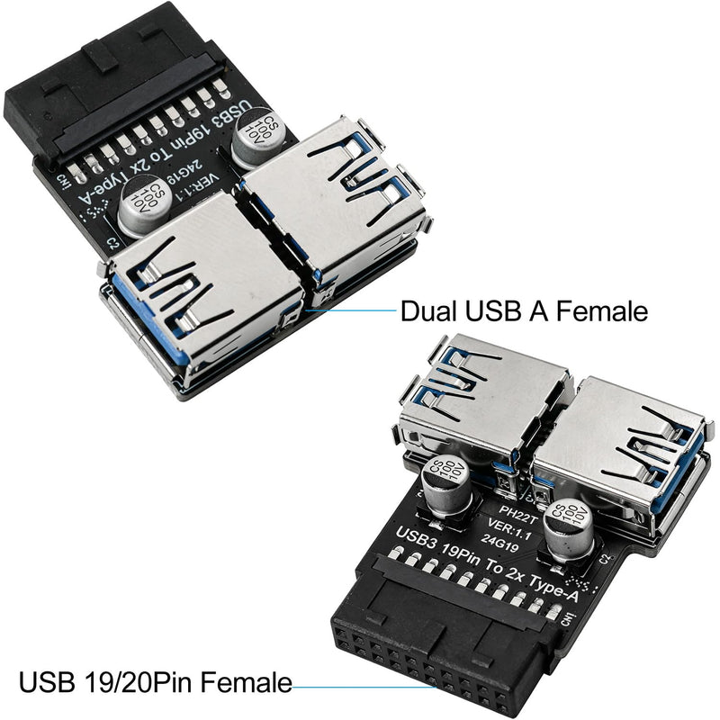 USB 3.0 19 20 Pin to Dual USB 3.0 Female A Port Splitter Adapter Internal Vertical 5Gbps Expansion Converter for Desktop PC Case Internal Dongle U Shield Front Interface