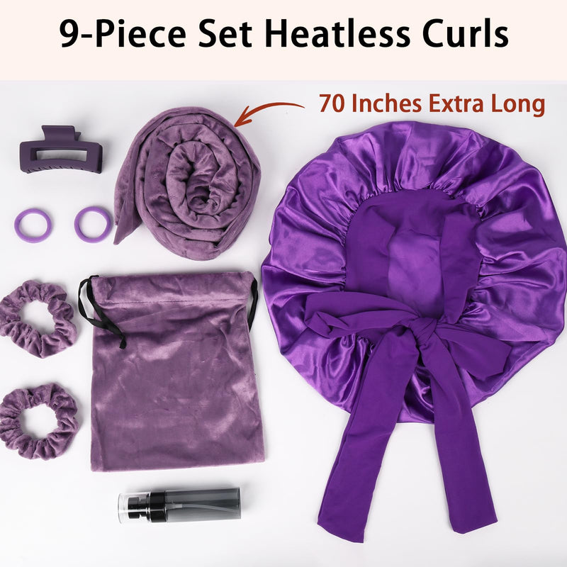 Velvet Hair Curlers No Heat, Soft Heatless Hair Curler Curling Headband, 70" Overnight Curls Hair Curlers to Sleep in, 9 PCS Heatless Curler Rollers Set for Waves Medium Long Hair Purple
