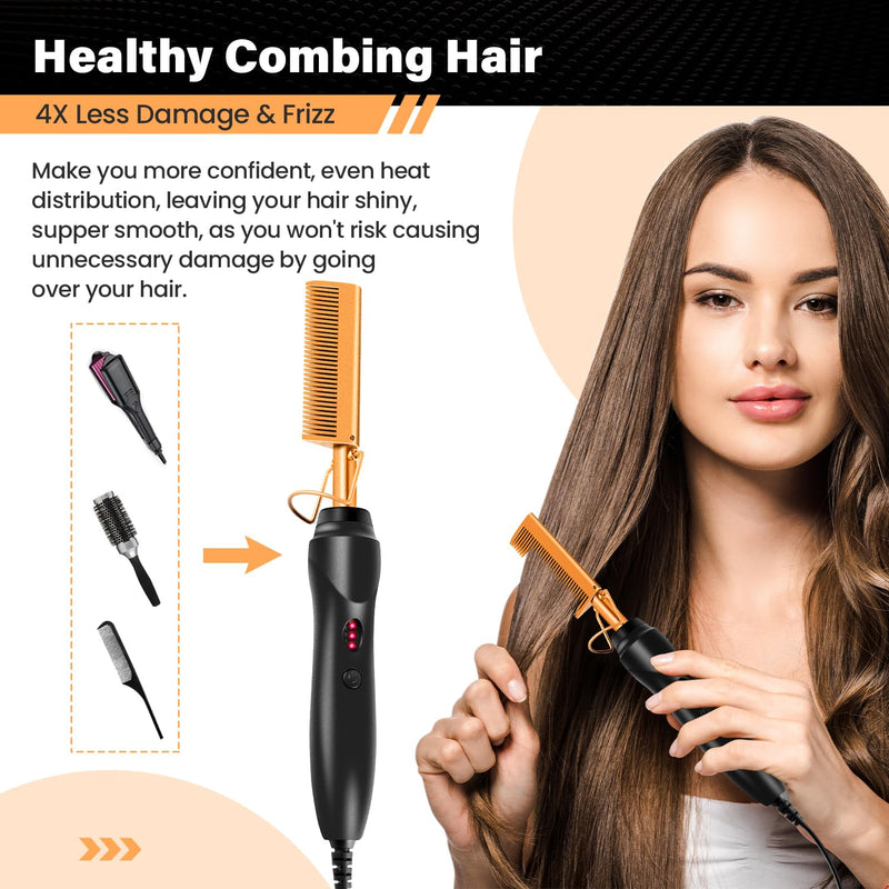Hot Comb Set 15Pcs, Electric Hair Straightener Comb Curling Iron for Natural Black Hair Wigs Pressing Combs with Hair Wax Stick Set, Rat Tail Comb ＆Salon Clips