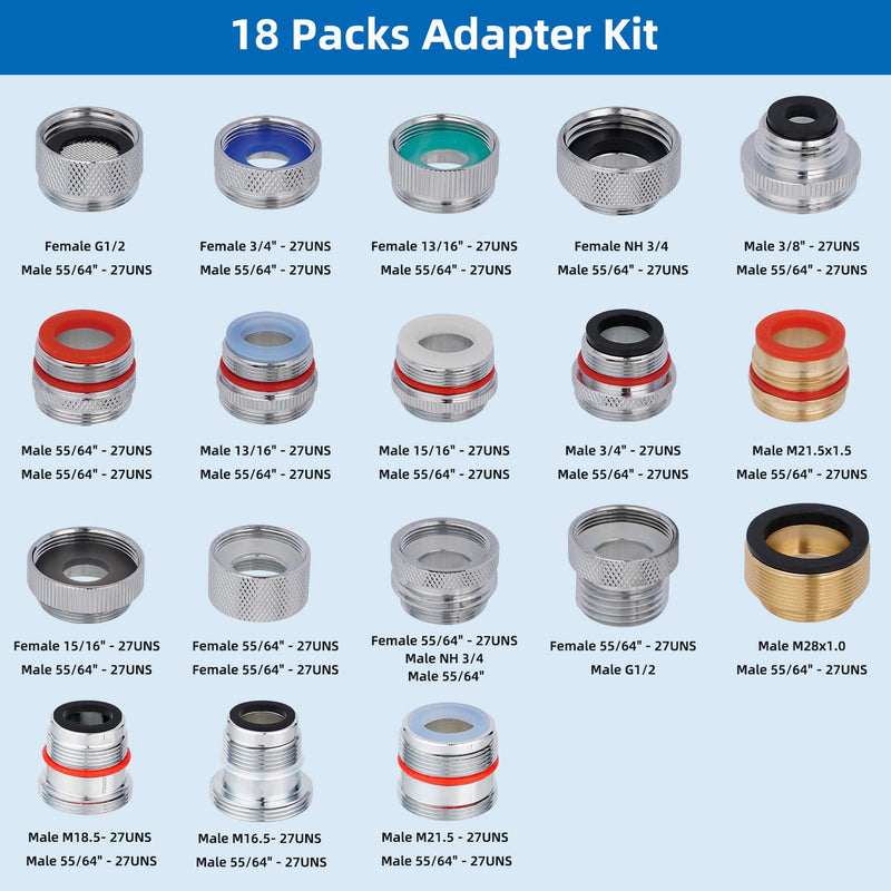 18pcs Faucet Adapter Kit - Brass Faucet Aerator Adapter Set Male Female Sink Faucet Adapter Converter to Garden Hose, Standard Hose in RV, Apply on Both Removable and Insert Aerator 18 pcs set
