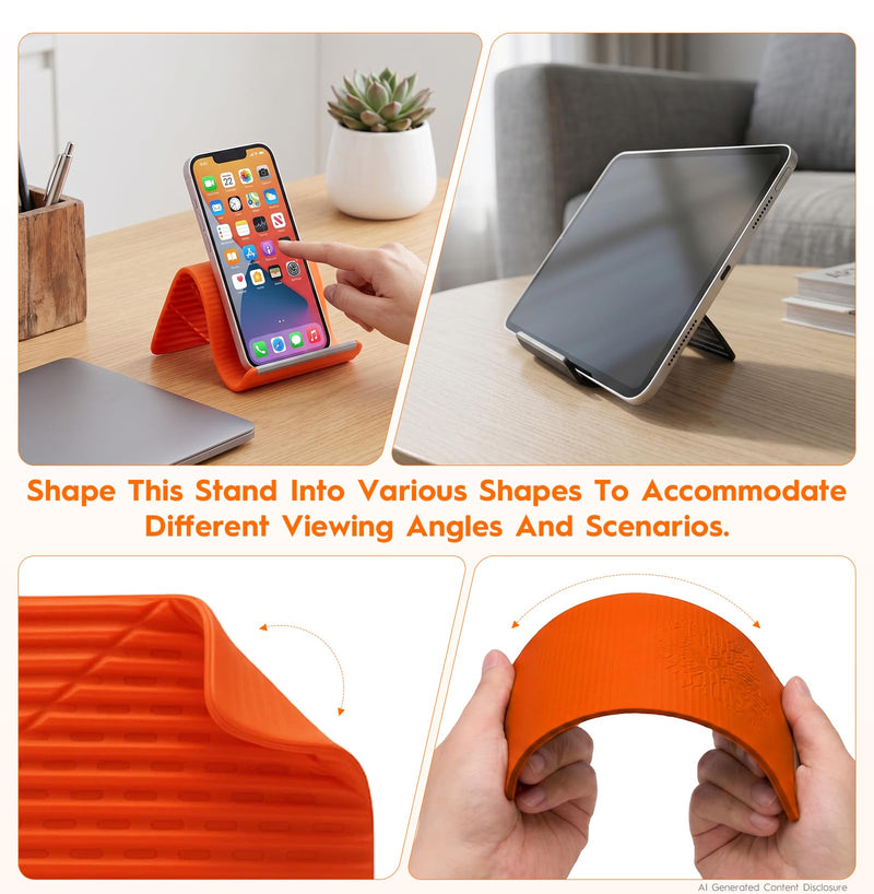 2 Pack Adjustable Foldable Silicone Phone Stand, Universal Bendable Cell Phone Tablet Holder, Portable Anti-Slip Desk Bed Phone Mount for Travel Home Office(Orange/Black) Mixed