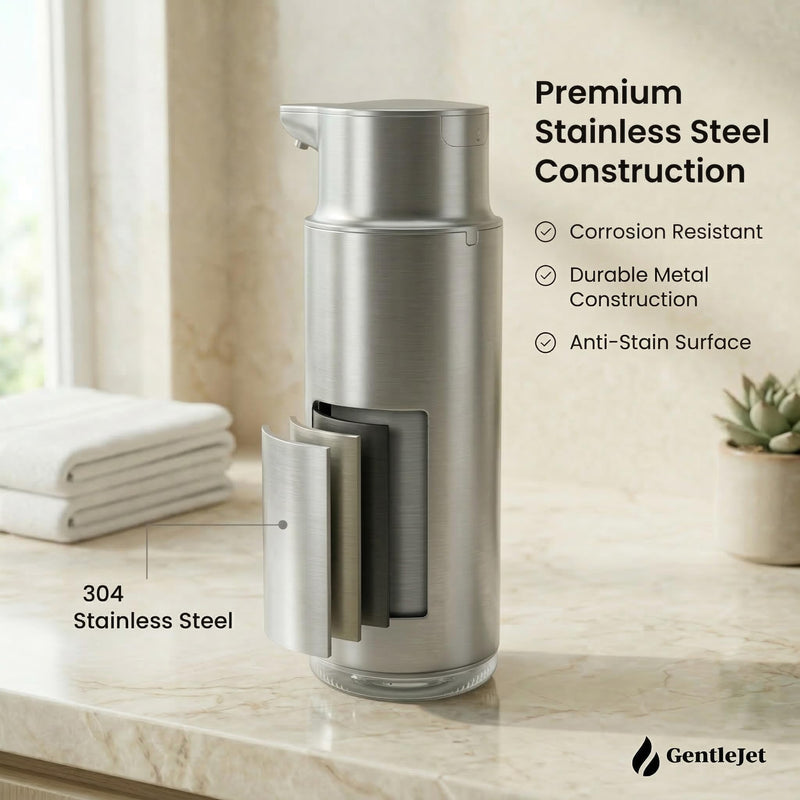 CrystalJet Automatic Foam Soap Dispenser – Stainless Steel, Touchless Sensor, USB-C Rechargeable, Waterproof, Modern Bathroom & Kitchen Sink, 300 ml Silver