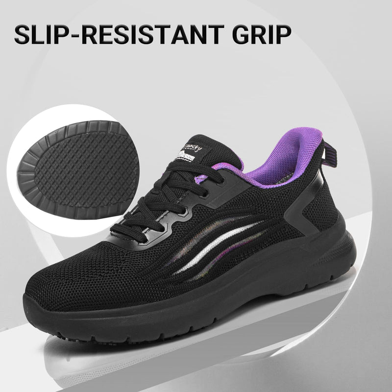 Treesky Black Non Slip Work Shoes for Women, Restaurant & Kitchen Sneakers | Slip resistant soles, lightweight cushioning, breathable knit, removable insole, for nursing, food service & long shifts 8 Black Purple