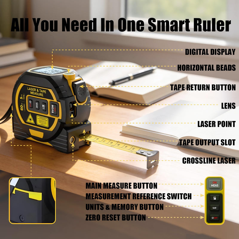 3-in-1 Laser Tape Measure, Digital Tape Measure with Laser Distance Measuring Tool, LCD Display, Electronic Measuring Tape for Home, Construction and Engineering, laserpower<1mW
