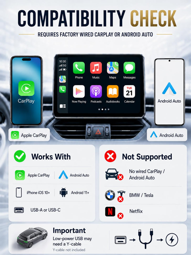 Wireless CarPlay Adapter & Android Auto Dongle | Bluetooth 5.3, 5G WiFi, USB-A/USB-C, Gold-Plated Connector, Plug & Play, For 2016+ OEM Wired Cars Black