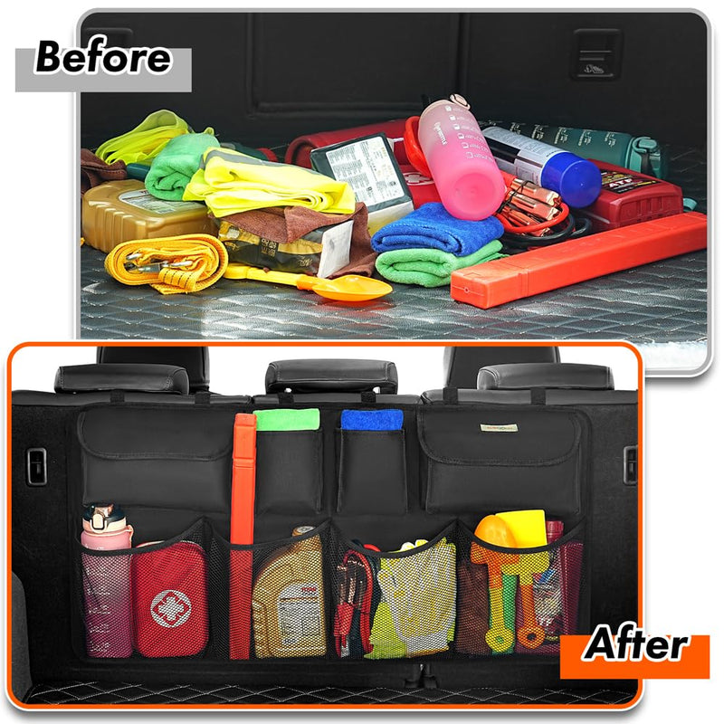 SURDOCA Car Trunk Organizer, 3rd Gen [7 Times Upgrade] Super Capacity Car Organizer SUV, Equipped with Robust Elastic Net, Hanging Car Storage Organizer with Lids, Space Saving Expert Black L-35.5x18.2in
