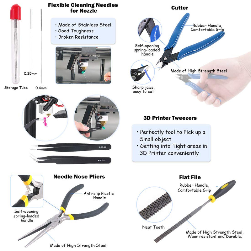 Glarks 40Pcs 3D Printer Removal Cleaning Tool Kit, Including Needle Nose Plier, Tweezers, Filing Tool, Cleaning Needles, Glue Stick, Cutting Mat, Knife Clean Up Kit to Remove, Clean, Finish 3D Print