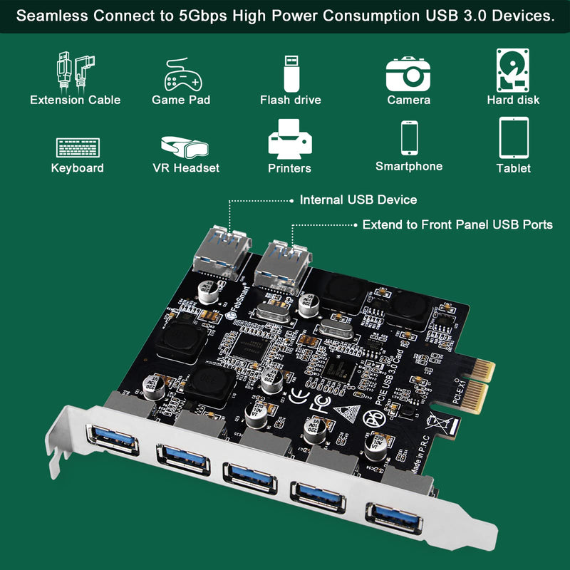 7-Ports Superspeed 5Gbps PCIE USB 3.0 Expansion Card for Windows 11, 10, 8.x, 7, Vista, XP Desktop PCs, Built in FebSmart Self-Powered Technology, No Need Additional Power Supply (FS-U7-Pro) FS-U7-Pro