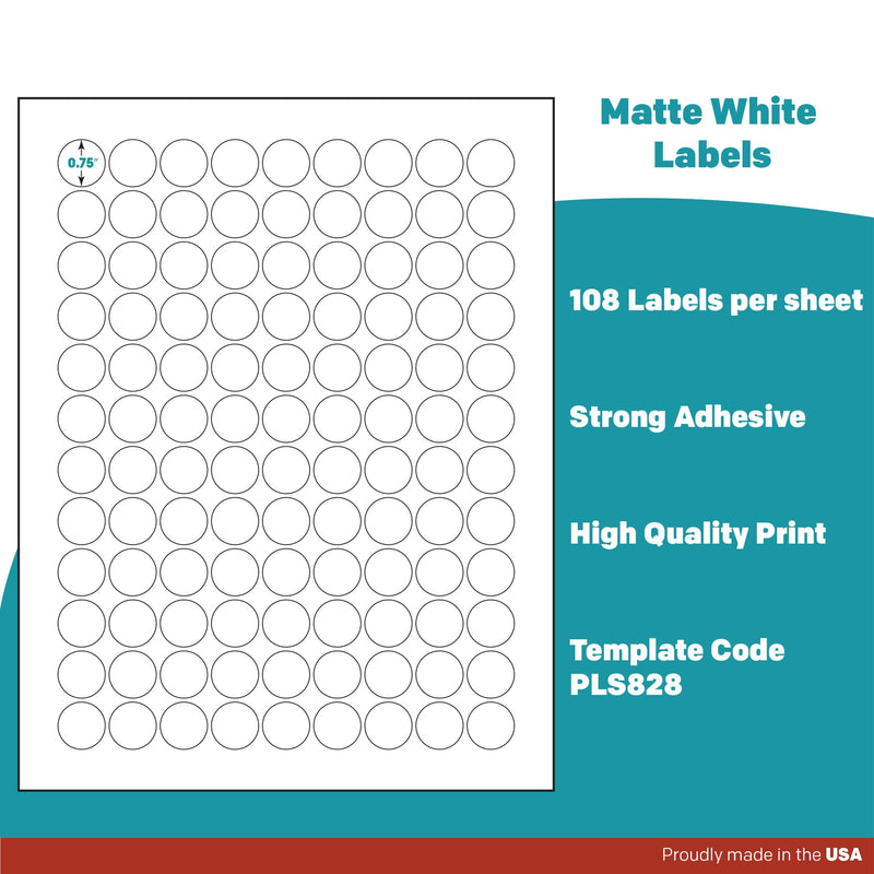 Premium Label Supply White Sticker Round Labels – 0.75" Circle – Laser/Inkjet Compatible – (108 per Sheet), 25 Sheets – 2,700 Total Adhesive Labels 2700 Labels