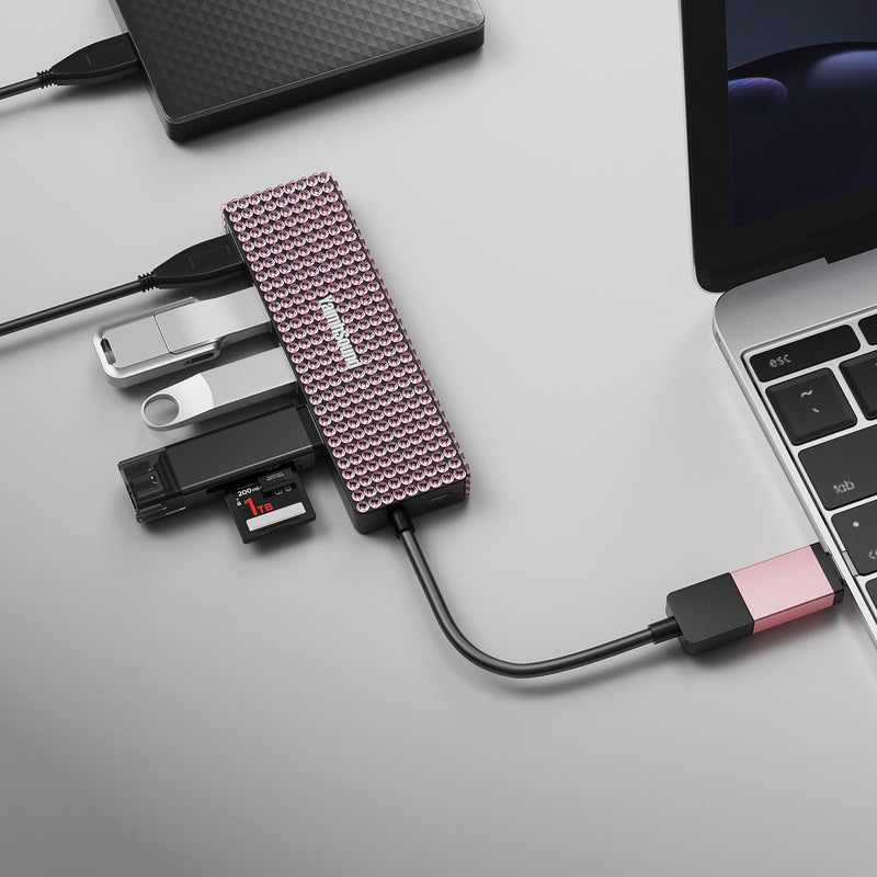 USB to USB C Adapter, YaimhSound Multi USB Port for Laptop, Pink USB Hub 3.0 for PC, MacBook, Mac Pro, Surface, Flash Drive, SSD, Keyboard, Mouse, Camera, Gaming Pink A+C to 4 USB