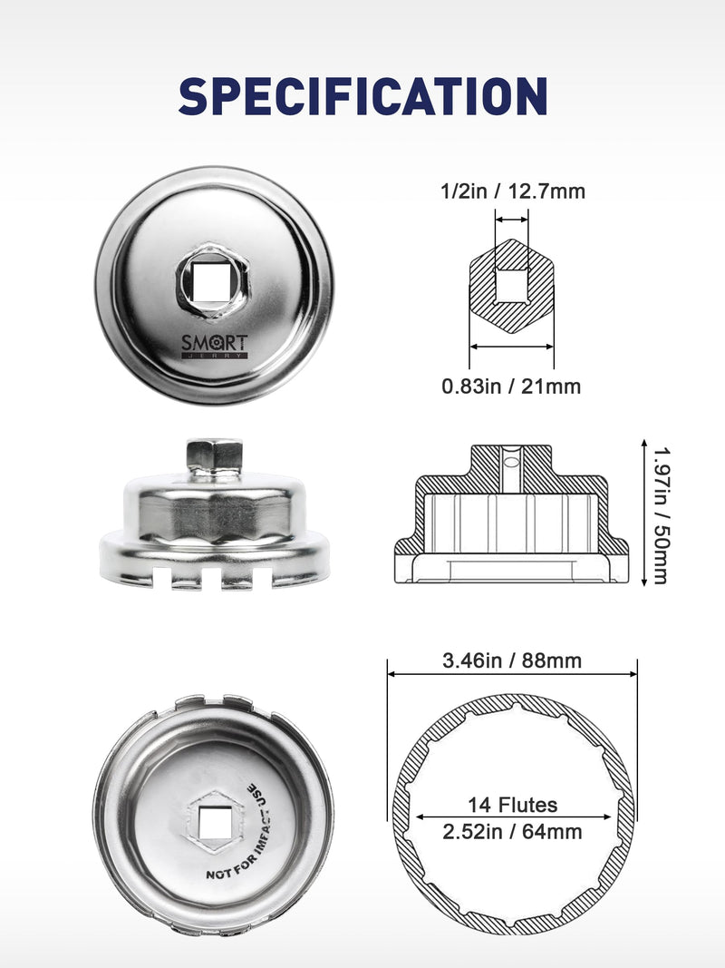 SMART JERRY - Oil Filter Wrench Compatible with Toyota Lexus & Scion with Toyota's Cartridge Style Oil Filter System | Tacoma Oil filter Wrench | 64mm 14 Flutes Design
