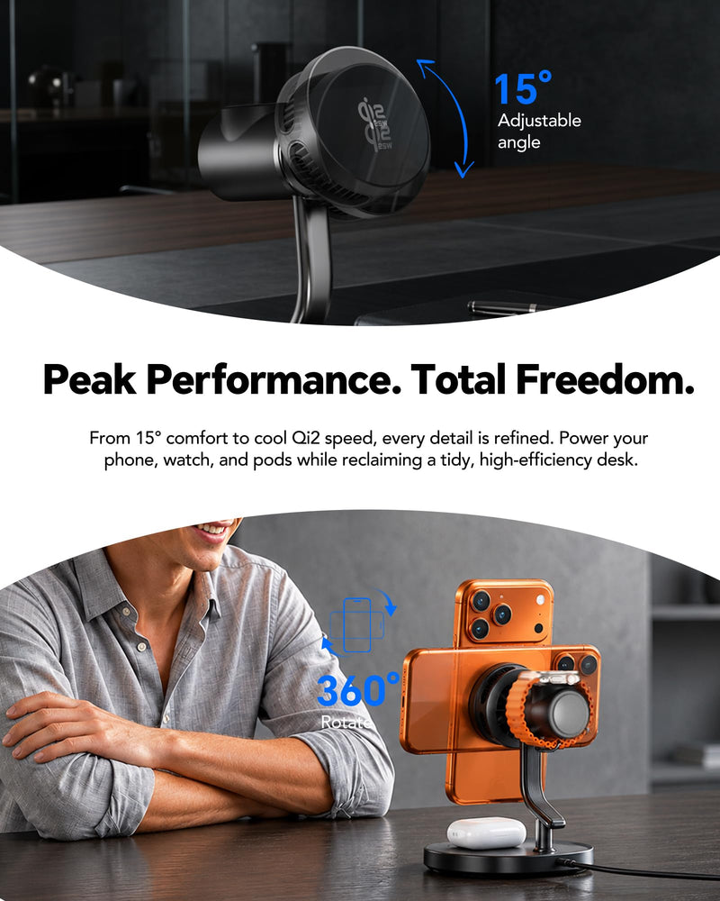 4 in 1 Wireless Charging Station,Qi2.2 Mag-Safe Charger with Cooling Fan | Mag-Safe Wireless Charger Stand with TEC Active Cooling and Night Light, for iPhone17/16/15/14/13/12, Apple Watch/AirPods Black