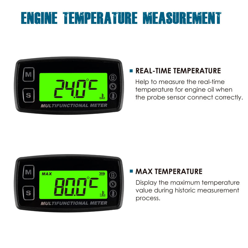 Runleader Digital Oil Water Temperature Gauge,Real-time RPM Display,Alert Temperature&RPM,Working Hours Tracking for Lawn Mower Generator Dirtbike Paramotor Outboard Motor Scooter Compressor.