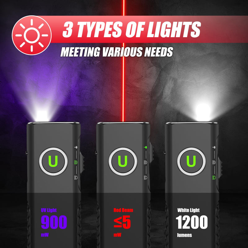 ULTRAFIRE Flat EDC Flashlight with White Light, UV and Red Beam, 1200 Lumens Rechargeable Triple Light Flashlight, Magnetic Compact Pocket EDC Light for Outdoors, Work, Emergency S3 Matte Black