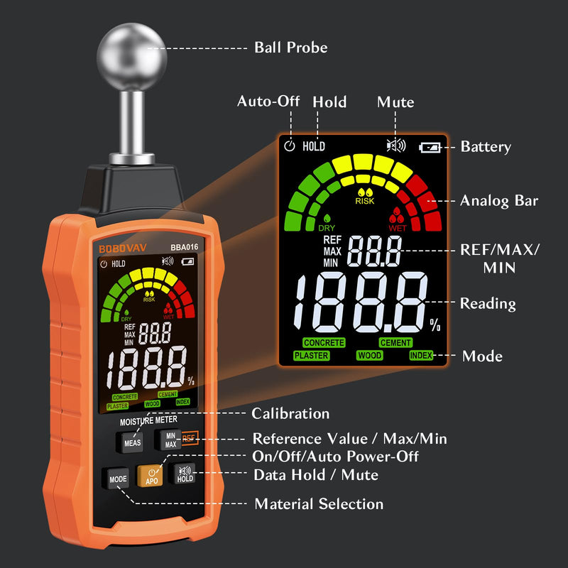 Moisture Meter with Ball Probe, 5–40mm Detection, 5 Modes, 3-Color Display with Sound Alarm, REF Function & Data Hold – Pinless Moisture Meter for Wood, Walls, Floors, Concrete & Cement