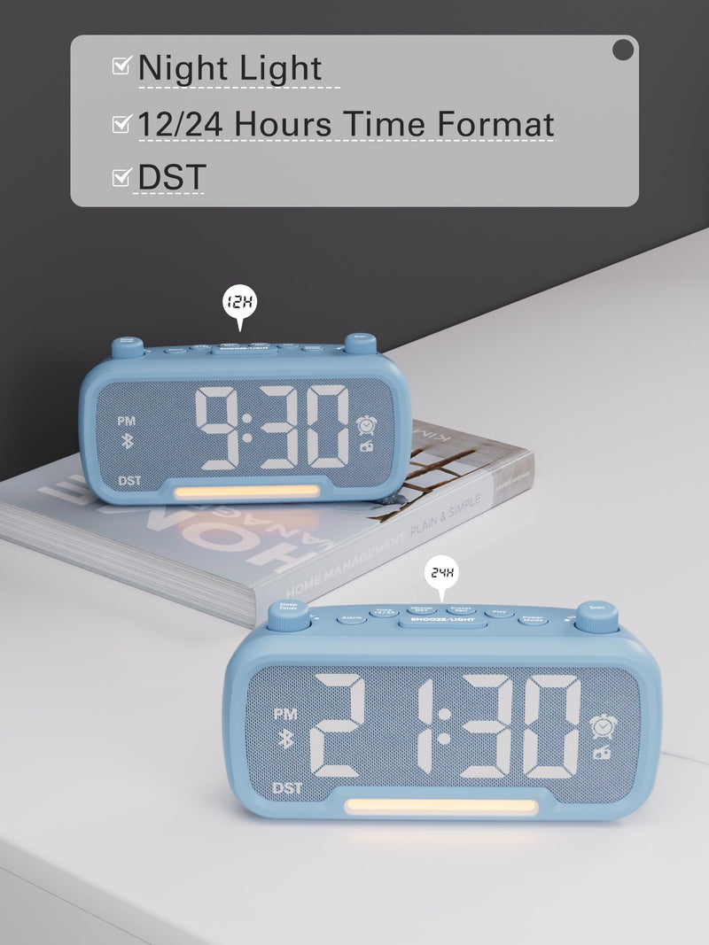 Mesqool Digital Alarm Clock with 2 USB Chargers,Bluetooth Speaker, FM Radio,Night Light,5-Level Dimmer,Adjustable Volume,12/24H,Snooze,Battery Backup,Loud Clock Radio for Heavy Sleepers Adults Blue
