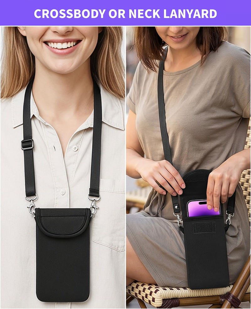 2-Pack Neoprene Cell Phone Pouch with Neck Lanyard, Fits 6.7" Black | Soft neoprene pouch, fits 6.21-6.6 inch phones with slim cases, neck lanyard, for daily hands free carry