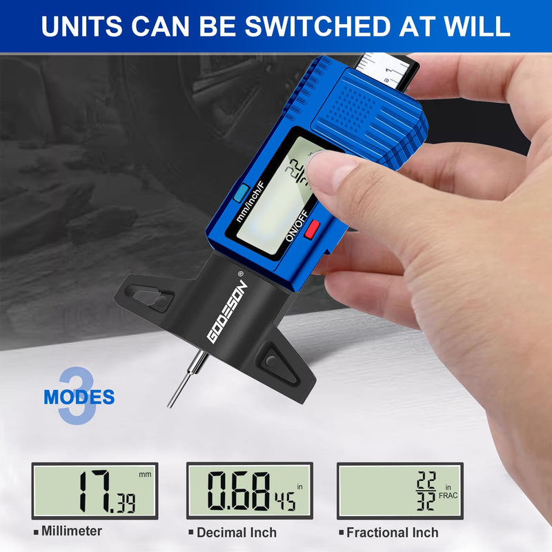 Godeson Digital Tire Gauge with 3 Modes - Fractional Inch, Decimal Inch and Millimeter, Accurate Tire Gauge for Motorcycles, Cars, Trucks Blue