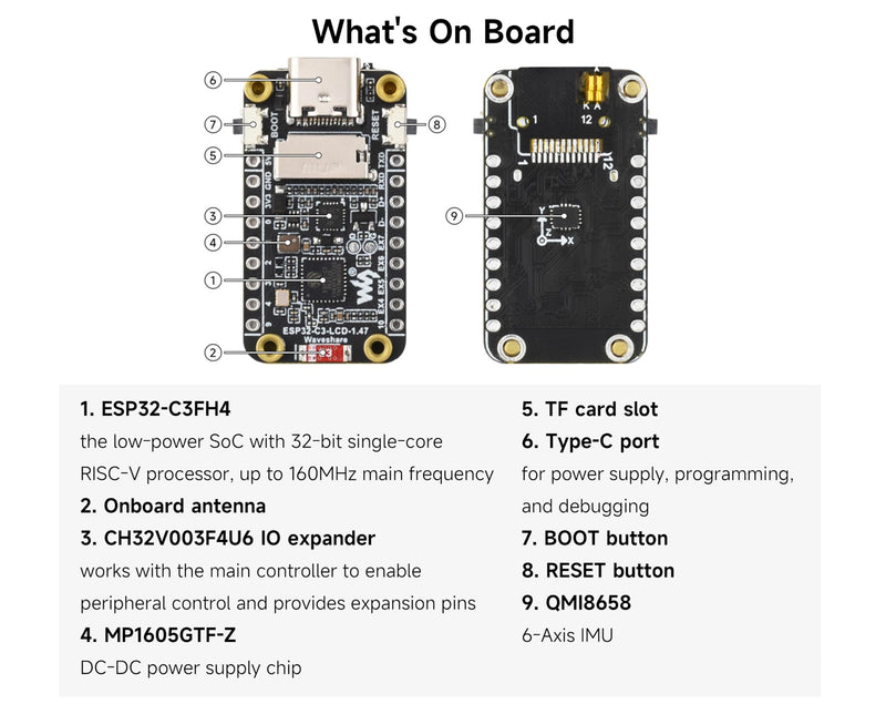 ESP32-C3 1.47inch LCD Display Dev Board with Pre-Soldered Headers, RISC-V 32-bit Single-Core Processor, 262K, 172×320 Pixels, Support 2.4GHz Wi-Fi/BLE 5, HMI, IoT Devices, Smart Displays