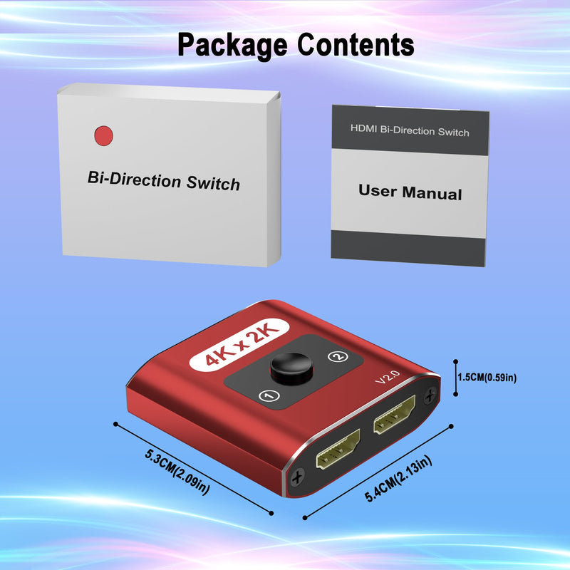 HDMI Switch Splitter 4K@60Hz, Aluminum Bi-Directional HDMI 2.0 Switcher, HDMI Splitter 1 in 2 Out/ 2 in 1 Out, Support 4K 3D HDR for Xbox, PS5/4/3, Fire Stick, Roku, HDTV, Projector, Computer(red)