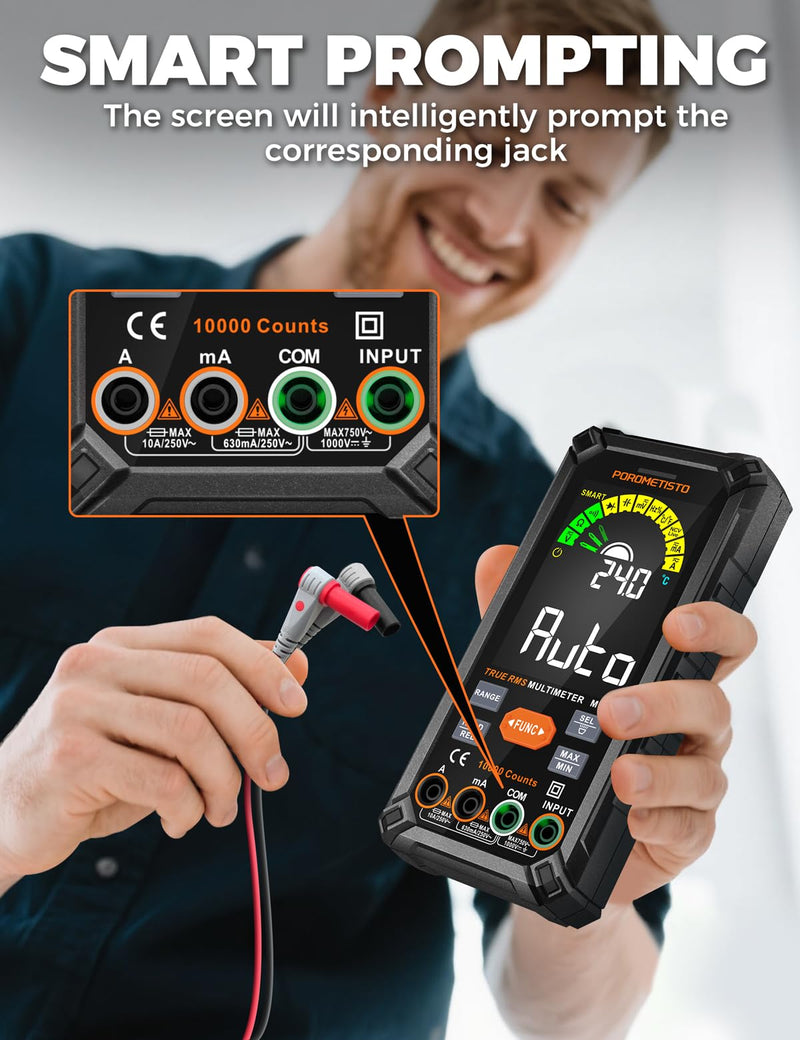 Smart Digital Multimeter Auto-Ranging,10000 Counts True-RMS | POROMETISTO Rechargeable Voltmeter Multimeter with NCV & Capacitance Check,Dual Fuse Electric Tester for HVAC & Automotive MT03