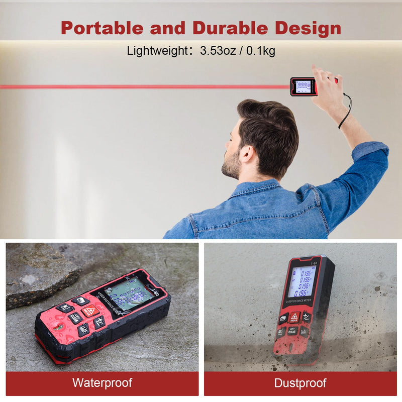 196Ft/60M Laser Distance Meter, ±1/16 Inch High Accuracy Laser Measurement Tool with Backlit LCD Display, Pythagorean/Area/Volume Calculation Mode, M/in/Ft Units, Bubble Level, Durable Design