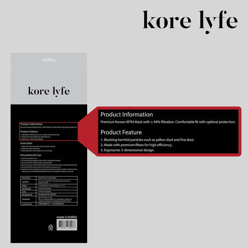 [25 PCS] 25% LARGER KF94 Face Mask - X-LARGE BLACK - [Made in Korea] - In 5 PCS Reclosable Package - Breathable Premium Quality - [Package in English]