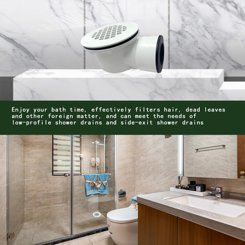 Low Profile Shower Drain Assembly with Perforated Strainer, 1.5" Side Outlet (Also Can Be Used as 2" Shower Drain by Removing Black Rubber Bushing)