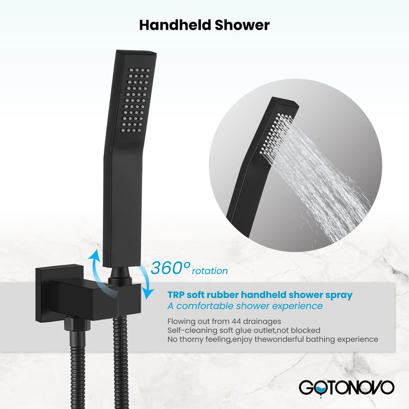 gotonovo Wall Mount Solid Brass Matte Black Bathroom System Square Hand Held Shower Head With Wall Connector and Hose Set Handheld Combo Set