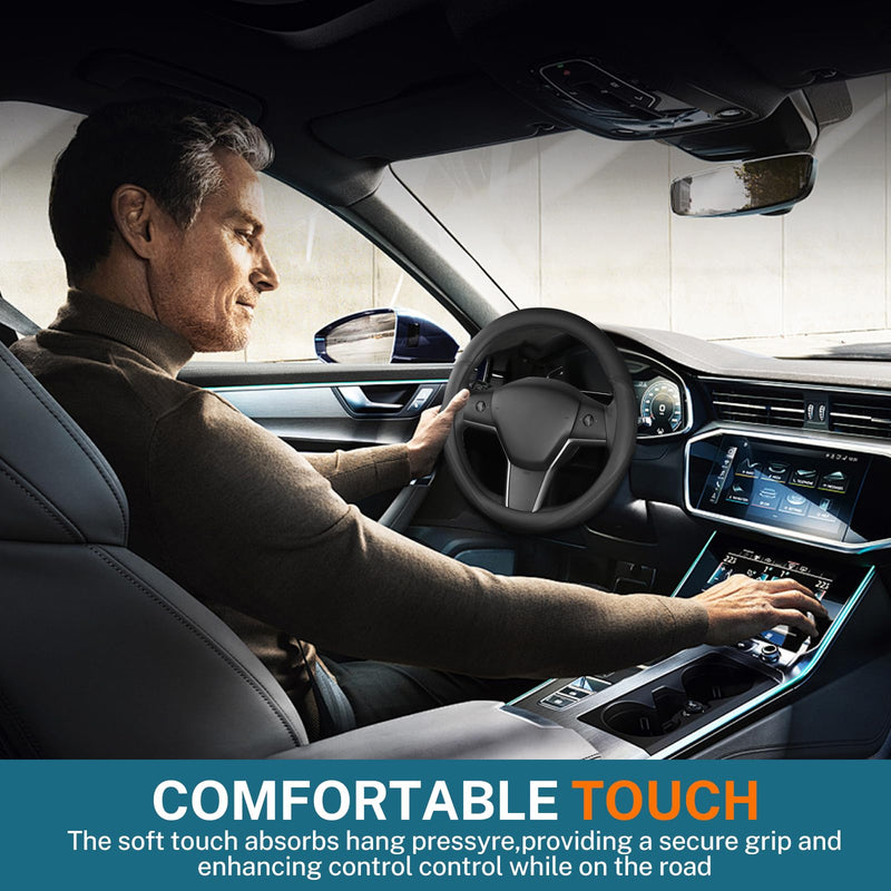 Leather Steering Wheel Cover Custom-Fit for Tesla Model 3/Y 2016-2026, Comfort Grip Design Breathable and Non-Slip, Model 3/Y Car Steering Wheel Protector, Tesla Accessories,Black(A-Style, for Tesla) A-Style