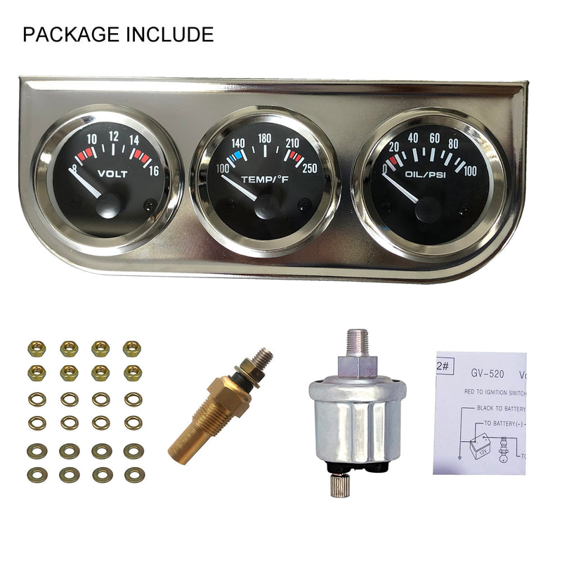 Chrome 3 in1 Triple Auto Gauge Meter Kit 52mm (8-16V Volt Meter +100-250℉ Water Temperature Gauge+ 0-100 psi Oil Pressure Meter) with Black Console for 12V Cars Multicolored