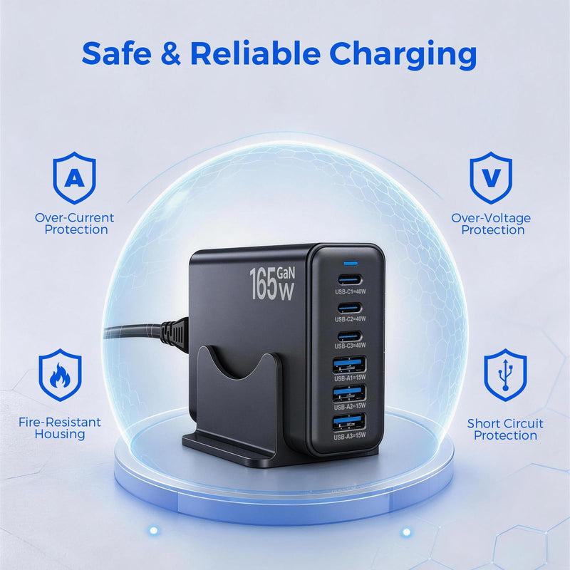 165W GaN Charging Station, 6-Port USB C & USB A Charger, Black | 6-Port USB Charging Station, 3x40W USB-C + 3x15W USB-A, Compatible with iPhone, Galaxy, iPad, Home Office, Travel and More