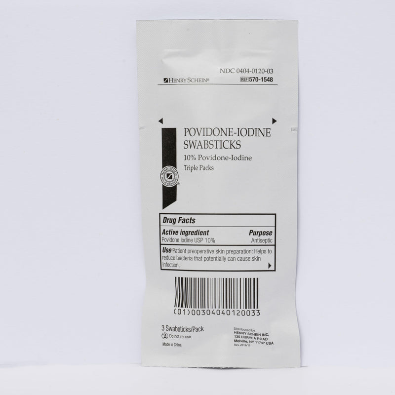 Henry Schein Prep Povidone-Iodine Swabsticks 3's, Individually Packed, Sterile, Antiseptic for Skin Preparation, 10% Povidone-Iodine- 50 Count (Pack of 2) White 50 Count (Pack of 2)