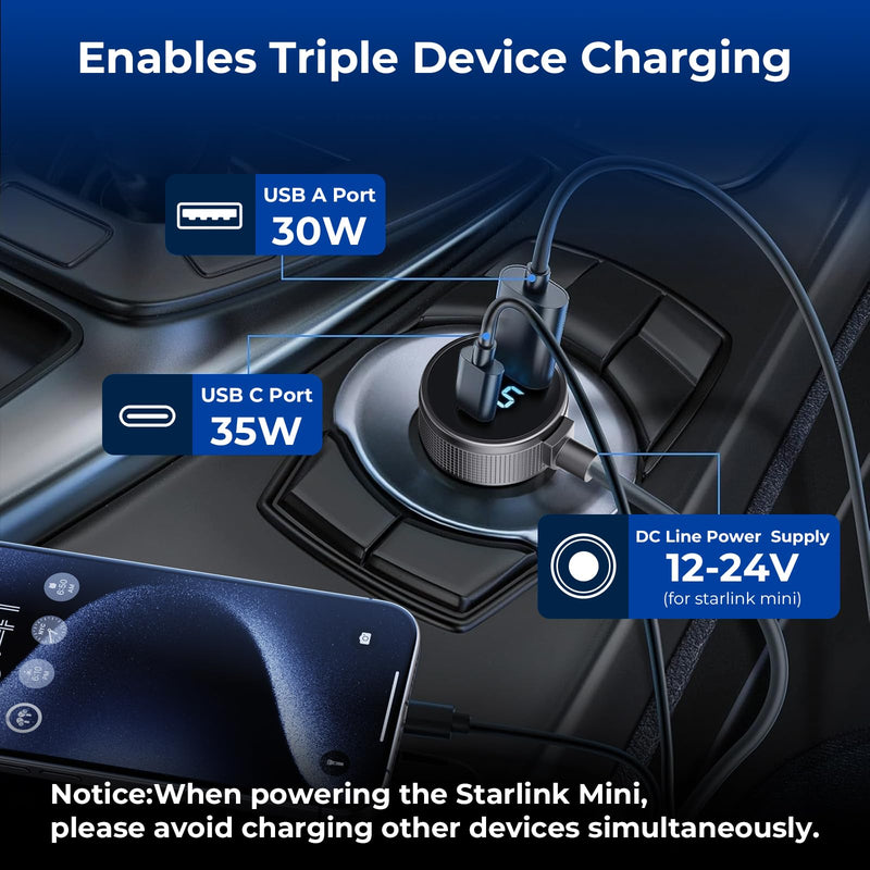 Starlink Mini Cable, 3 in 1 Starlink Mini Car Charger DC Power Cable+ Cigarette Lighter Adapter 12V-48V with Digital Display, Durable USB C PD 40W and USB A 35W Ports for Trucks and Cars (10FT) 10FT
