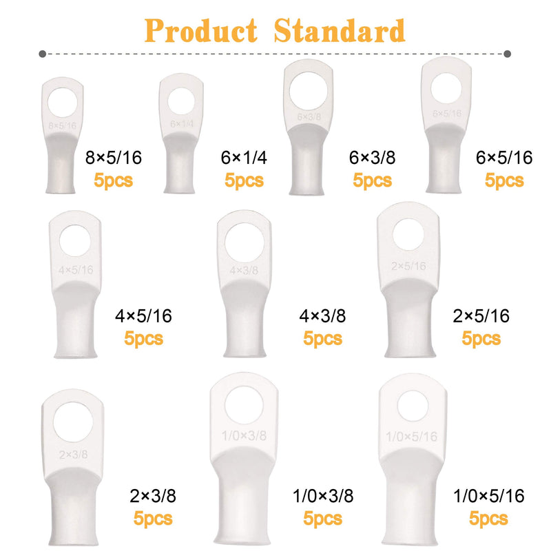 Battery Cable Ends Terminal Connectors Wire Copper Lugs Assortment Kit AWG 8 6 4 2 1/0 Gauge 5/16 3/8 Tinned Crimp Marine Ring Eyelets-10 Sizes 50PCS AWG8~1/0 Tinned copper