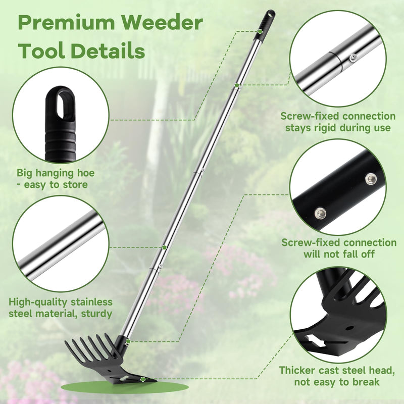 2 in 1 Garden Hoe and Cultivator Weeding Rake 6 Tines, Manual Weed Puller Tool with Long Handle, 56" Heavy Duty Hand Weeder Remover Tools for Patio, Lawn, Garden, Flower Beds, Loosen Soil and Planting