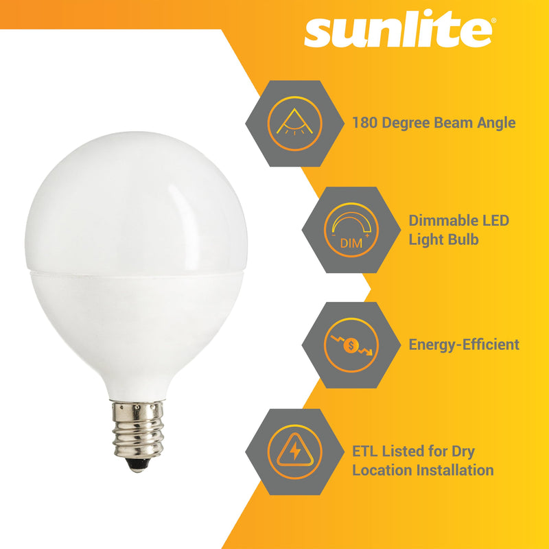 Sunlite G16.5 Light Bulb LED, 7 Watts (60W Equiv.), 500 Lumens, Dimmable, Type G Globe Shape E12 Candelabra Base, Short Bulbs, Vanity Mirror Bulbs, Energy Star, 2700K Soft White, Frosted, 6 Count Frost