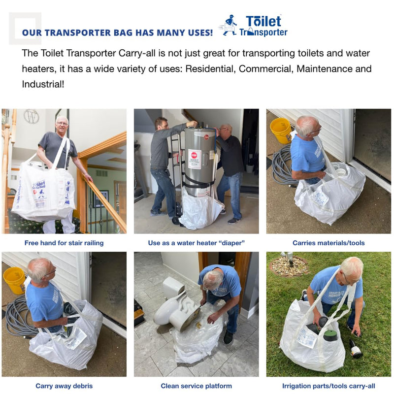 Toilet Bag - Lift, Carry, Store, Service & Remove Toilets | Professional Plumber Carrying Bag | Plumbing Tools & Parts - Flapper, Fill Valve, Flush Handle, Snake, Repair Kit & Wax Ring Plain White Bag